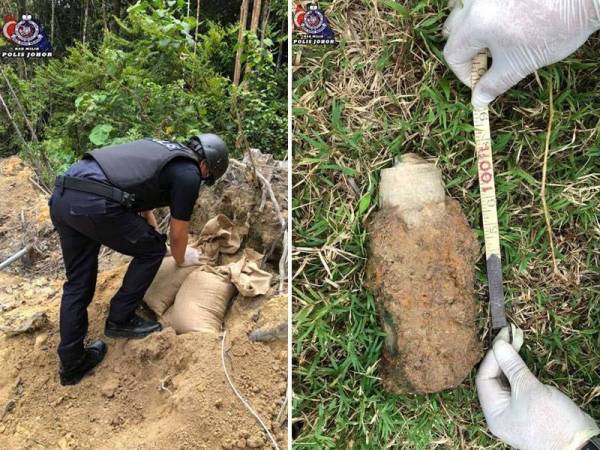 Polis membuat persiapan untuk memusnahkan bom di kawasan Ladang United Melaka Berhad di Batu Anam, Segamat pada pagi Jumaat. Foto ihsan PDRM
Gambar kanan: Antara bom lama yang dijumpai.