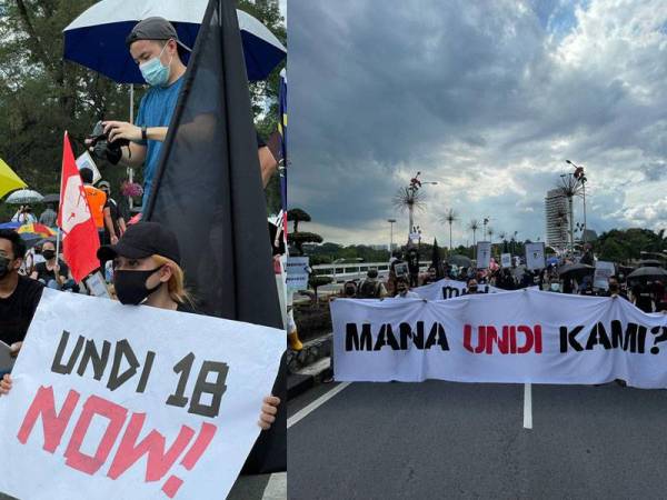 Suasana himpunan tuntut Undi 18 di kawasan sekitar bangunan Parlimen, Kuala Lumpur pada Sabtu. Kain rentang membantah penangguhan pelaksanaan Undi 18 September 2022.