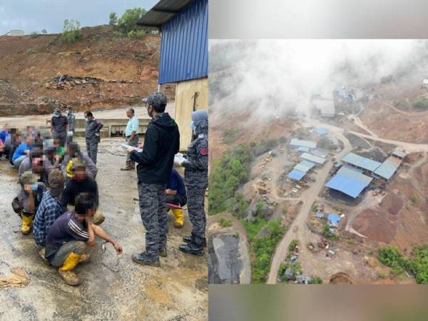 Antara PATI yang ditahan di lokasi kilang lombong bijih besi di Bukit Besi, Dungun, pada Rabu. Lokasi di sekitar kilang lombong bijih besi yang dirakam menggunakan dron. - Foto: Ihsan Jabatan Imigresen Malaysia Terengganu