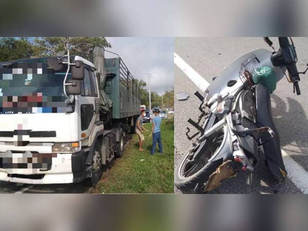 Lori yang terlibat dalam kemalangan. Motorsikal yang dinaiki mangsa dikatakan bergesel dengan lori tersebut.