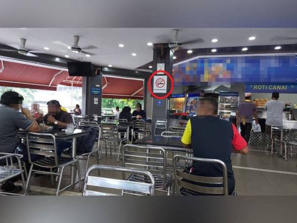 Poster larangan merokok dipasang di kedai dan restoran tetapi masih ada yang tidak patuh dengan peraturan ditetapkan.