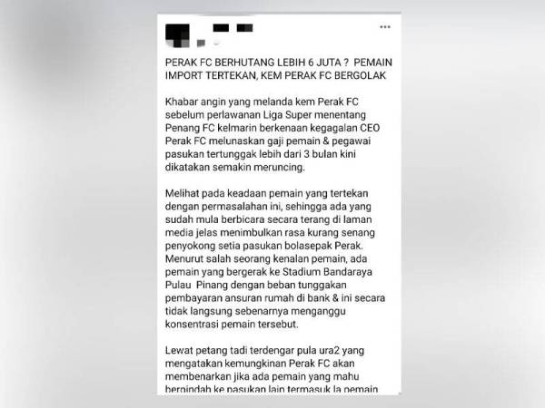 Isu tunggakan gaji pemain Perak FC tular menerusi sebuah laman Facebook sejak beberapa hari lalu.