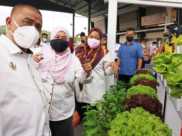 Saarani ketika meninjau ruang pameran yang disediakan di Dataran Amanjaya Slim sempena program Mesra di daerah Mualim.