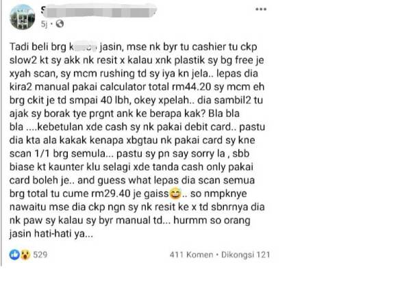 Ibu kepada dua cahaya mata memuat naik pengalamannya yang hampir ditipu ketika membeli-belah di salah sebuah kedai di Jasin beberapa hari lalu.