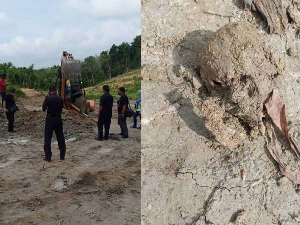 Polis menjalankan siasatan di lokasi kejadian rangka disyaki manusia ditemui. Satu tengkorak ditemukan pemandu jentolak ketika menjalankan kerja-kerja meratakan tanah di sebuah kebun getah. - Foto: ihsan pembaca