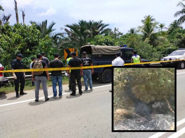 Mayat tanpa identiti ditemui terbakar di tepi jalan di Kampung Padang Air, hari ini.