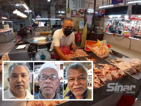 Peniaga di Pasar Awam Larkin Sentral mengakui tersepit dengan kenaikan harga ayam ketika ini. Gambar kecil: Dari kiri, Shahran Osman, Abdullah Idris, Soekarno Talib)