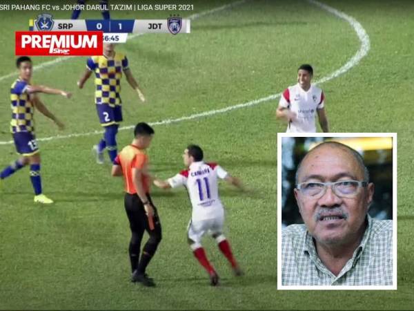 Tindakan Gabriel Cabrera menyentuh pengadil perlawanan ketika aksi Sri Pahang menentang JDT di Kuantan pada Jumaat menimbulkan persoalan apabila hanya dilayangkan kad kuning. Gambar kecil: Jamal Nasir