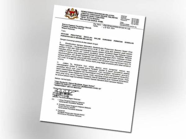 Dalam satu surat pekeliling yang diedarkan memaklumkan semua sekolah di tujuh daerah di Kelantan yang dikenakan PKP ditutup mulai Ahad hingga 24 April depan.