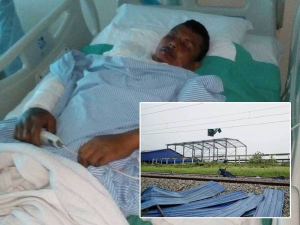 Gambar Mohd Yasin yang dikongsi ahli keluarga memaklumkan mangsa kini stabil dan sudah sedarkan diri di ICU HRPB Ipoh.
Gambar kecil: Zink yang bertaburan dan tersangkut pada kabel serta landasan kereta api bersebelahan rumah Hatiah di Kampung Tasek, Ipoh dalam kejadian ribut pada Rabu lalu.