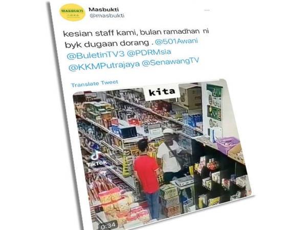 Tangkap layar ciapan Twitter @masbukti pada Ahad.