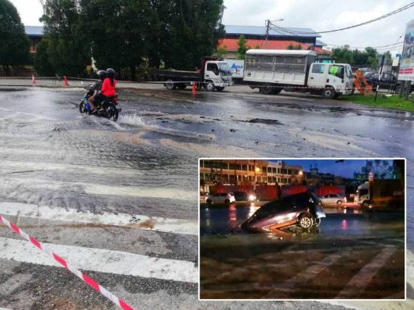 Masih ada pengguna degil atau tidak sedar laluan tersebut telah ditutup. Gambar kecil: Sebuah kereta yang terjatuh ke dalam lubang yang tular di laman sosial Facebook pada Rabu.