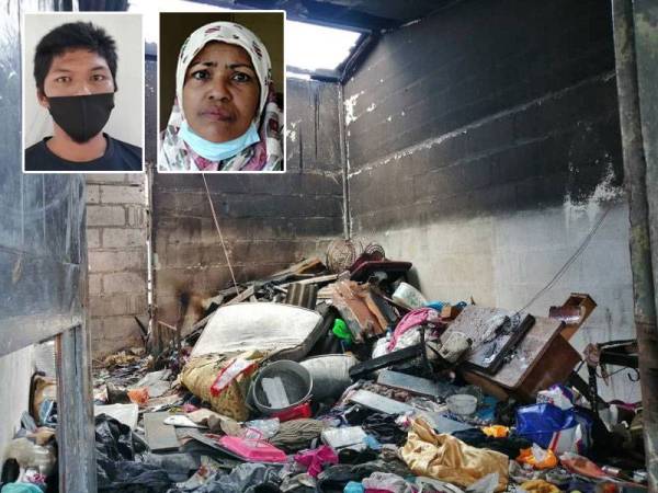 Rumah mangsa yang ditemui terbakar dalam kejadian pagi Ahad.
Gambar kecil: Nur Muhammad Mustakim dan Noridah