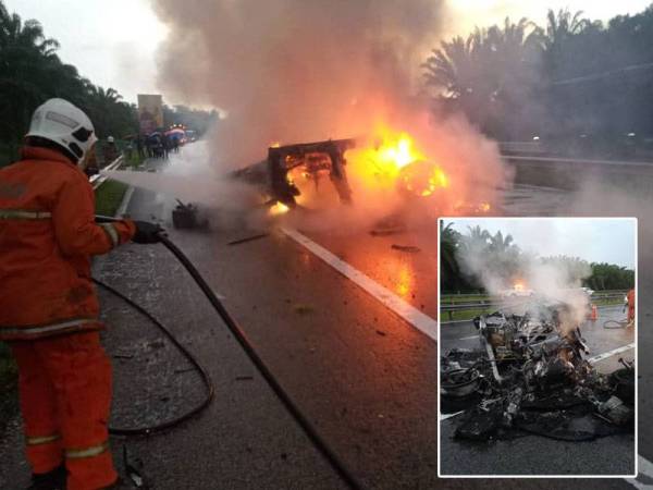 Anggota bomba dari BBP Maran membantu memadam kebakaran melibatkan kereta mewah jenis Lamborghini di Kilometer 178.1, Lebuhraya Pantai Timur 1 (LPT1) arah timur pada petang Selasa. Foto Bomba
Gambar kecil: Keadaan kereta mewah jenis Lamborghini yang musnah sepenuhnya selepas terbabit dalam kemalangan di Kilometer 178.1, Lebuhraya Pantai Timur 1 (LPT1) arah timur pada petang Selasa. - Foto Bomba