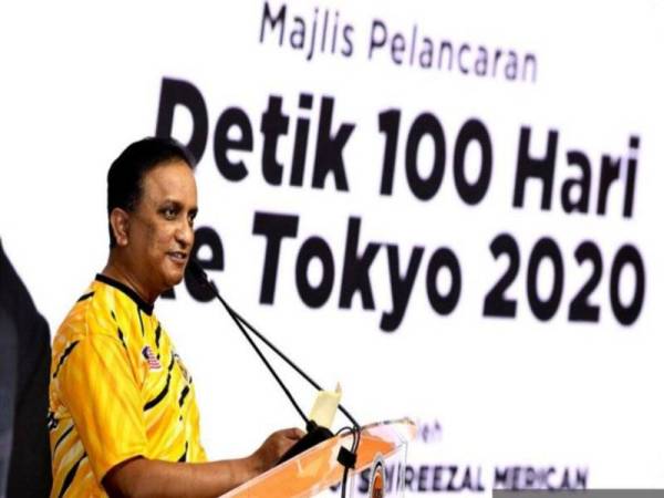 Menteri Belia dan Sukan, Datuk Seri Reezal Merican Naina Merican berucap pada Majlis Pelancaran Detik 100 Hari Ke Tokyo 2020 di MSN, Bukit Jalil pada 14 April lalu.