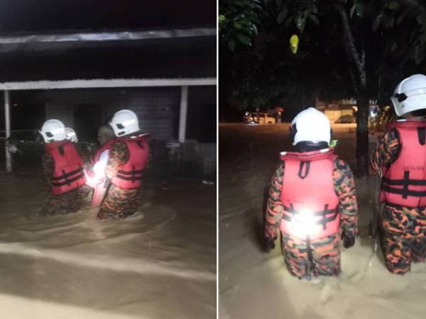 Anggota bomba membantu penduduk kampung berpindah ke kawasan selamat selepas kediaman mereka dinaiki air setinggi hampir satu meter. Gambar kanan: Anggota bombs membuat pemantauan dan kawalan bagi memastikan tiada penduduk yang terperangkap.