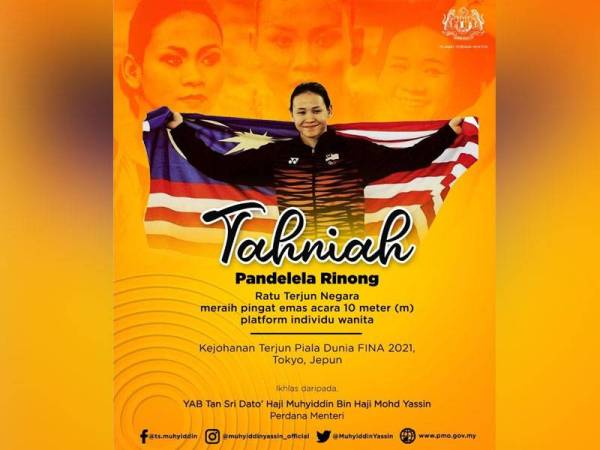 Ucapan tahniah kepada Pandelela daripada Perdana Menteri, Tan Sri Muhyiddin Yassin.