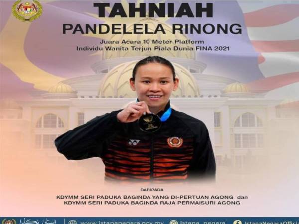 Al-Sultan Abdullah menzahirkan ucapan tahniah kepada Pandelela Rinong atas kejayaan meraih pingat emas dalam acara 10 meter platform individu wanita, pada Kejohanan Piala Dunia Terjun FINA di Jepun pada Rabu. Foto: Instagram Istana Negara