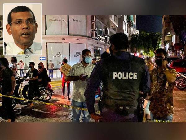 Pihak polis menutup kawasan letupan bom yang mencederakan bekas Presiden Maldives. - Foto Getty Images Gambar kecil: Mohamed Nasheed