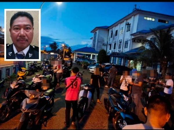 Sebahagian penonton bersama kenderaan masing-masing yang ditahan di lokasi dibawa ke Ibu Pejabat Polis Daerah (IPD) Dungun untuk tindakan selanjutnya. - Foto ihsan IPD Dungun (Gambar kecil: Baharudin)