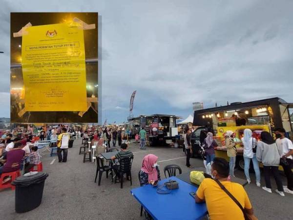 Lokasi perniagaan kendera saji atau food truck di tapak parkir kenderaan jambatan angkat.- Foto Ihsan Terengganu foodtruck club - TFC (Notis penutupan premis yang dikeluarkan dalam operasi malam tadi.)