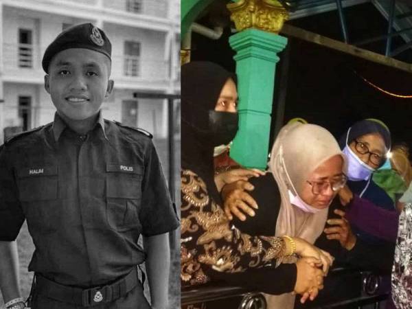 Isteri Allahyarham,Nurfitrah (dua,kanan) yang ditenangkan ahli keluarga sebaik jenazah suaminya tiba di pekarangan Masjid Felda Bukit Damar Lanchang. Gambar kiri: Allahyarham Konstabel Norhalim Tumiran