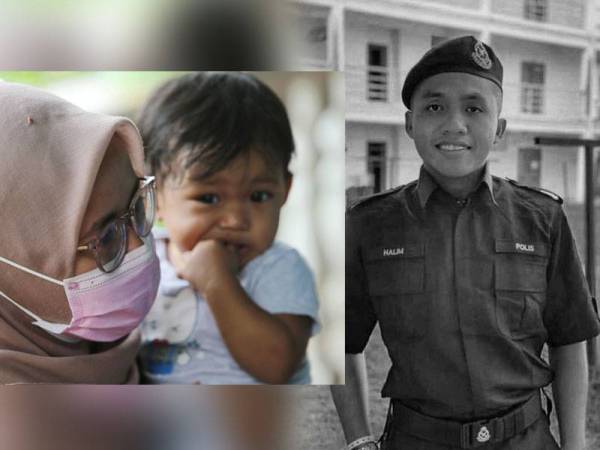 Balu mangsa tembak anggota polis, Nor Fitrah Ramli 25, memangku anaknya, Anurasyfa Alisha 1 di kediamannya di Felda Bukit Damar Lanchang. - Foto Bernama, gambar kanan: Allahyarham Konstabel Norhalim Tumiran