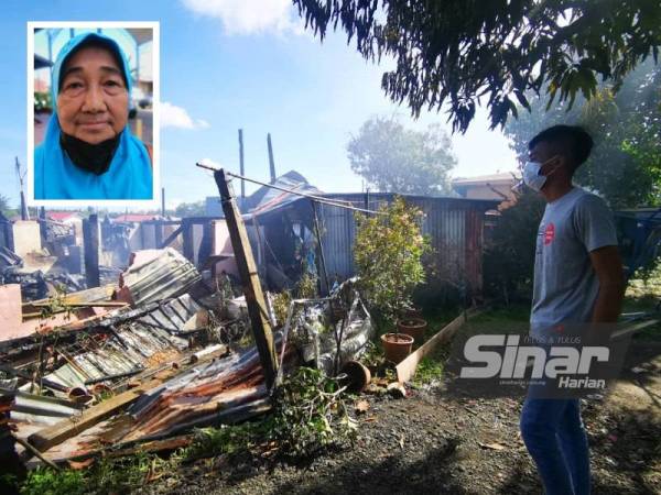 Mohd Zarul meninjau keadaan rumahnya yang musnah akibat kebakaran di Kampung Meruntum, Putatan. (Gambar kecil: Laydia Bantunan)