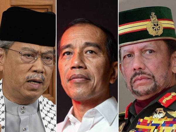 Dari kiri: Muhyiddin, Jokowi dan Sultan Hassanal Bolkiah menggesa Majlis Keselamatan PBB mengadakan Sidang Perhimpunan Agung PBB bagi mencapai resolusi damai untuk Palestin dan Israel, seterusnya mengakhiri kekejaman terhadap rakyat Palestin.