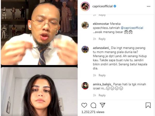 Siaran langsung Instagram antara Caprice dan dua orang instafamous Israel pada Khamis menarik perhatian warganet.