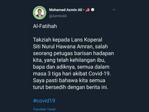 Tangkap layar Twitter Mohamed Azmin