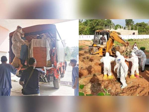 Mayat pesakit Covid-19 yang obesiti dipindahkan dari HSAH Sungai Petani ke Tanah Perkuburan Islam Kampung Berapit Tikam Batu melalui lori milik JBPM Kedah pada Isnin.