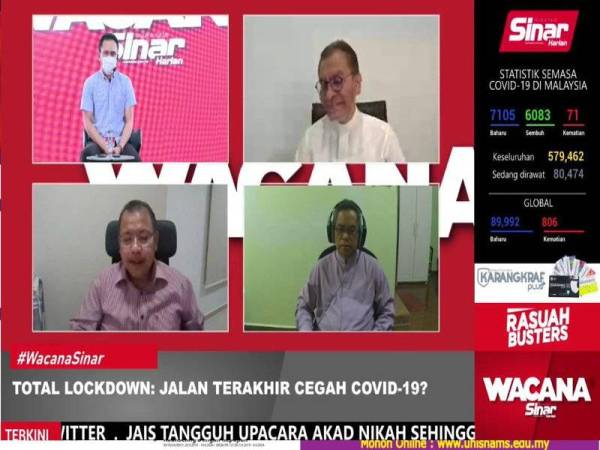 Wacana Sinar Harian Siri ke-261 bertajuk ‘Total Lockdown: Jalan Terakhir Cegah Covid-19? menampilkan Dr Zainal, Dr Noor Azlan dan Dr Dzulkefly sebagai panelis manakala Ismail Adnan sebagai moderator.