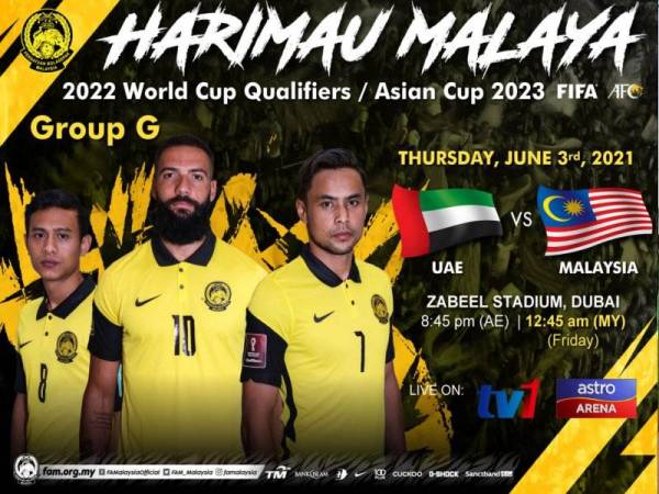 Skuad Harimau Malaya akan menentang UAE pada aksi Kumpulan G pusingan kedua Kelayakan Piala Dunia 2022/ Piala Asia 2023 di Stadium Zabeel, Dubai.