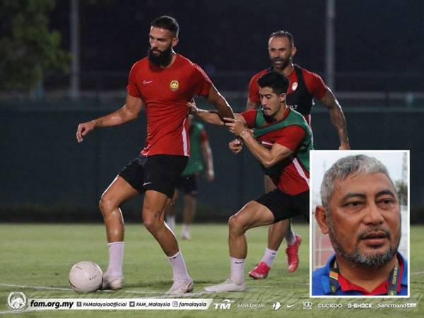 Pemain Harimau Malaya Liridon Krasniqi, Brendan Gan dan De Paula giat menjalani latihan bagi mengharungi baki kempen kelayakan kali ini. Gambar kecil: Hashim Mustapha