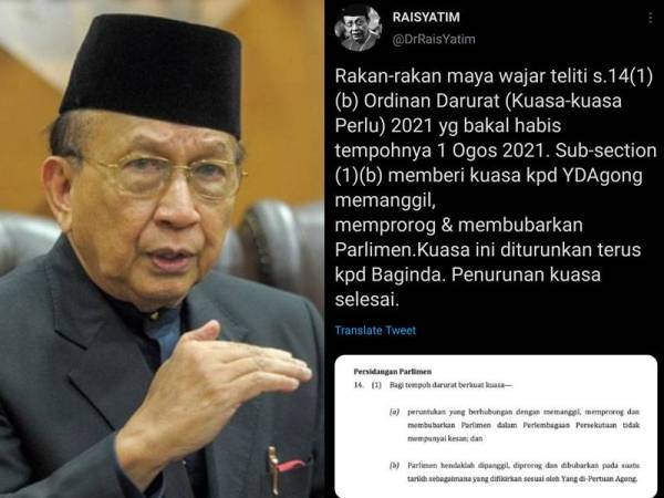 Agong ada kuasa autoriti panggil ahli Parlimen bersidang: Rais Yatim