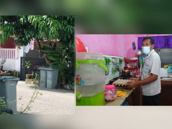 Tular gambar Yaakob mengantungkan bendera putih di depan rumahnya pada Selasa lalu. (Kanan: Yaakob menunjukkan keadaan dapur rumahnya sebelum menerima bantuan makanan.)