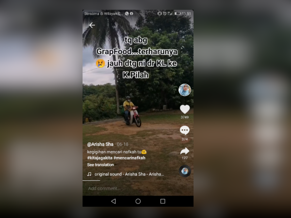 Video mengenai 'rider' yang menghantar makanan dari Kuala Lumpur ke Kuala Pilah di aplikasi TikTok milik Sashila tular.