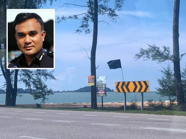 Bendera hitam dipasang di papan tanda jalan pantai di Dungun. FOTO: Ihsan IPD Dungun.
Gambar kecil: Mohd Marzukhi