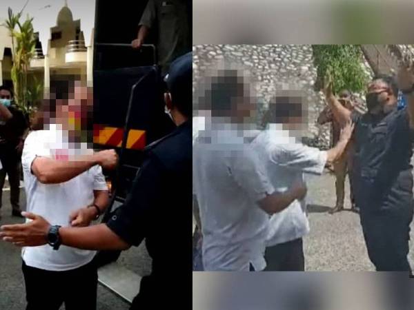 Tangkap layar video yang tular menunjukkan tindakan pemimpin sebuah parti politik cuba mennghalang tugas polis ketika proses reman 18 pekebun durian di Mahkamah Raub pada Isnin.