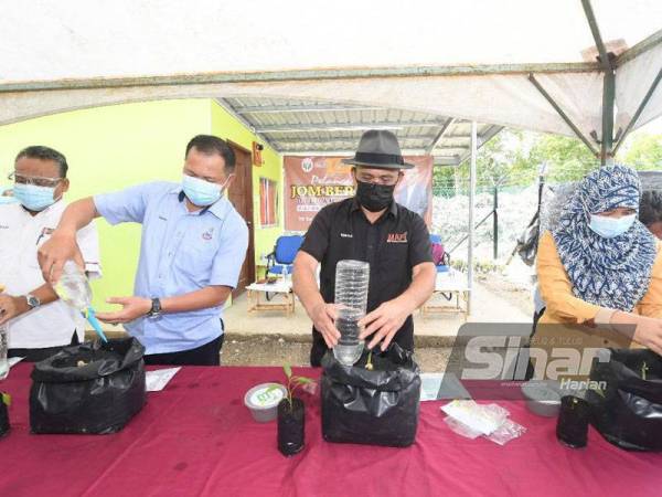 Ronald menyiram tanaman halia organik menggunakan botol ketika lawatannya ke Pertubuhan Peladang Kawasan (PPK) Beluran.