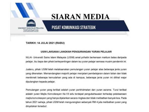 Kenyataan media berkenaan pemulangan semula yuran kepada pelajar USIM.