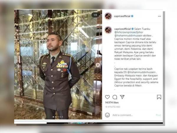 Caprice memohon maaf kepada Malaysia dan rakyat negara ini. - Foto Instagram Caprice