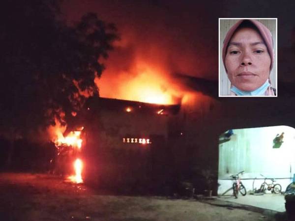 Api yang marak di bahagian dapur rumah ketika lima sekeluarga nyenyak tidur di rumah mereka di Kampung Paya Teratai, Bachok pada Sabtu. Gambar kecil: Fauziah Ibrahim