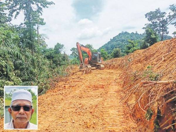 Kerja-kerja meratakan tanah di Hutan Simpan Kekal Bukit Payung sedang dijalankan oleh seorang pekerja sebelum diserbu oleh pasukan JPNK pada Ahad. Gambar kecil: Saarin Osman