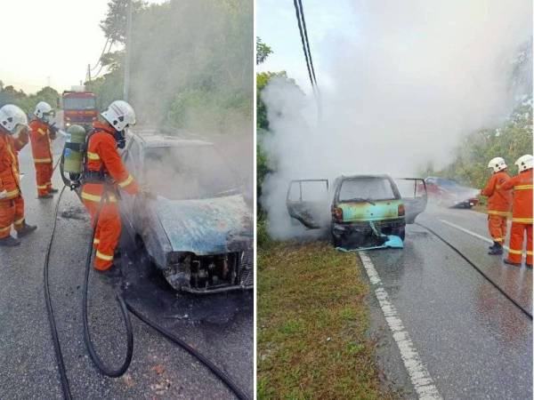 Sebuah kereta Perodua Kancil yang dinaiki tiga sekeluarga terbakar selepas pulang dari kebun durian di Kampung Gajah pada Rabu. - Foto Ihsan Bomba Perak.