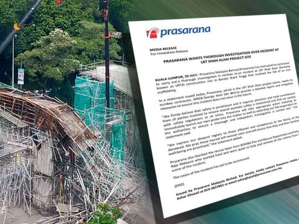 Prasarana telah mengarahkan kontraktornya menjalankan siasatan menyeluruh berhubung insiden runtuhan perancah besi di laluan LRT Shah Alam di Jalan Langat, Bandar Bukit Tinggi. Kenyataan Prasarana dikeluarkan pada malam Khamis.