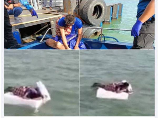 Gambar tular mangsa terjun ke dalam laut di Jeti Tanjung City Marina sebelum diselamatkan oleh Pasukan Polis Marin (PPM). -Foto Ihsan pembaca. 