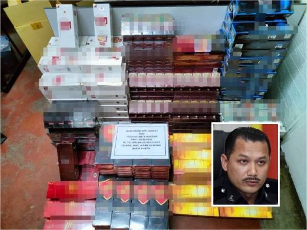 Sebanyak 297 karton rokok pelbagai jenama dianggarkan bernilai RM12,839 berjaya dirampas hasil serbuan di sebuah rumah di Kampung Kuala Slim, Slim River pada Khamis. (gambar kecil: Sulizmie Affendy)