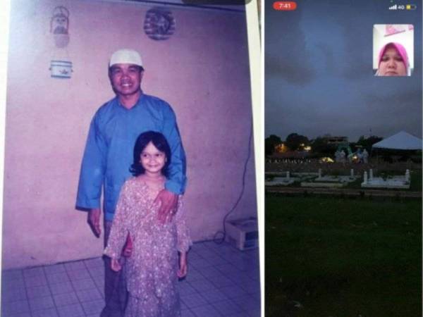 Gambar kenangan Zuhayati semasa kecil bersama bapanya. (Kanan: Zuhayati hanya mampu melihat proses pengebumian bapanya menerusi panggilan video disebabkan perlu jalani kuarantin di rumah.)